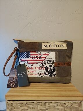 USA Canvas Wristlet Clutch - Grey And Brown Canvas And Leather